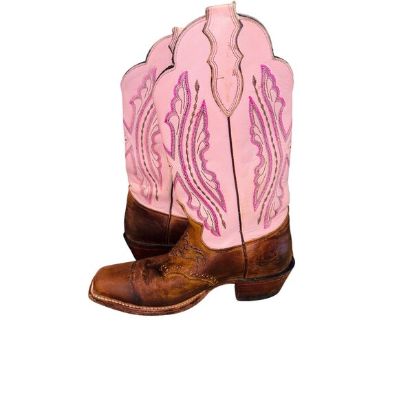 JUSTIN L2667 PINK TAN LEATHER SQUARE TOE COWBOY WESTERN COWGIRL GLAM BOOTS 7.5 - Picture 13 of 14